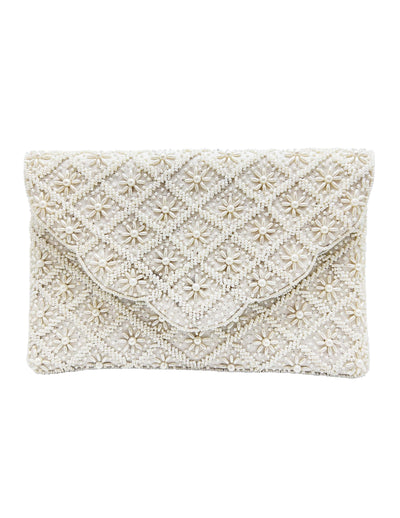 SCALLOPED W/ FLOWERS PATTERN BEADED CLUTCH