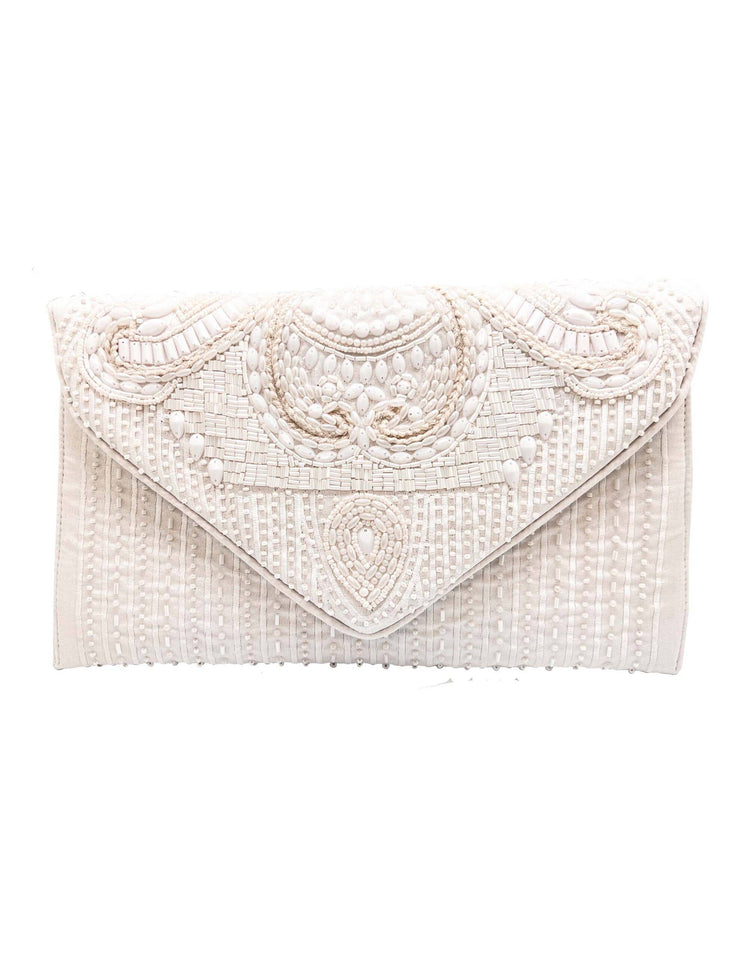 WHITE BEADED EMBELLISHED ENVELOPE CLUTCH