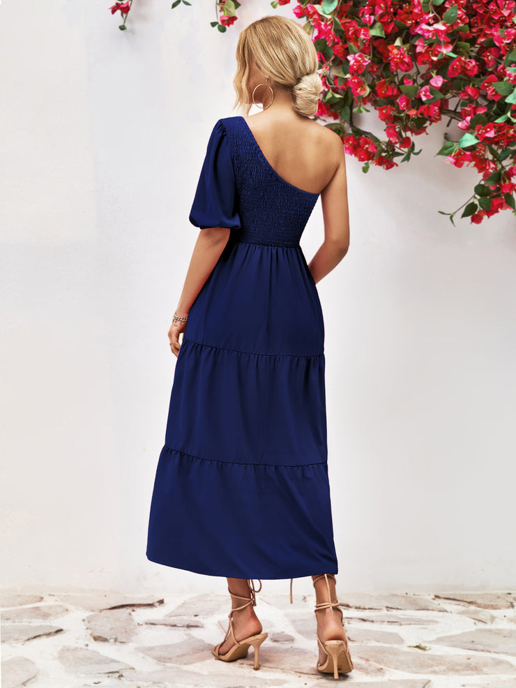 Smocked One-Shoulder Midi Dress Dark Navy / S Smocked One-Shoulder Midi Dress Dark Navy / S