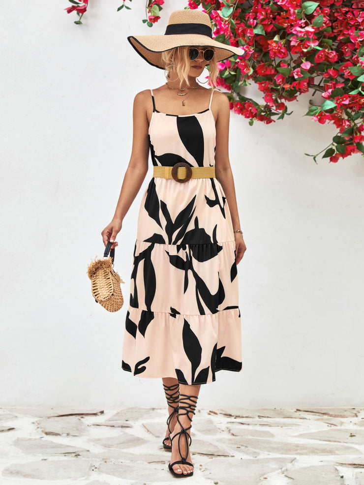 Printed Spaghetti Strap Tiered Midi Dress