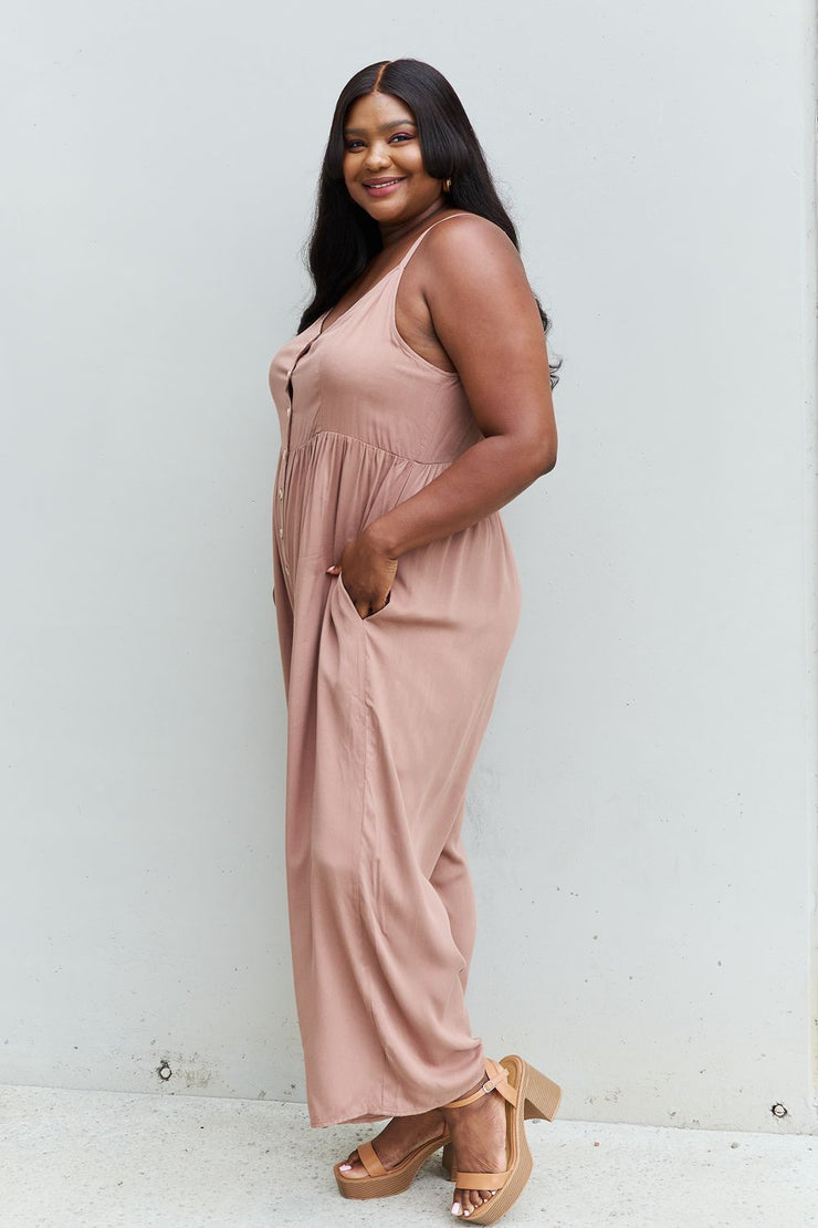 All Day Full Size Wide Leg Button Down Jumpsuit in Mocha