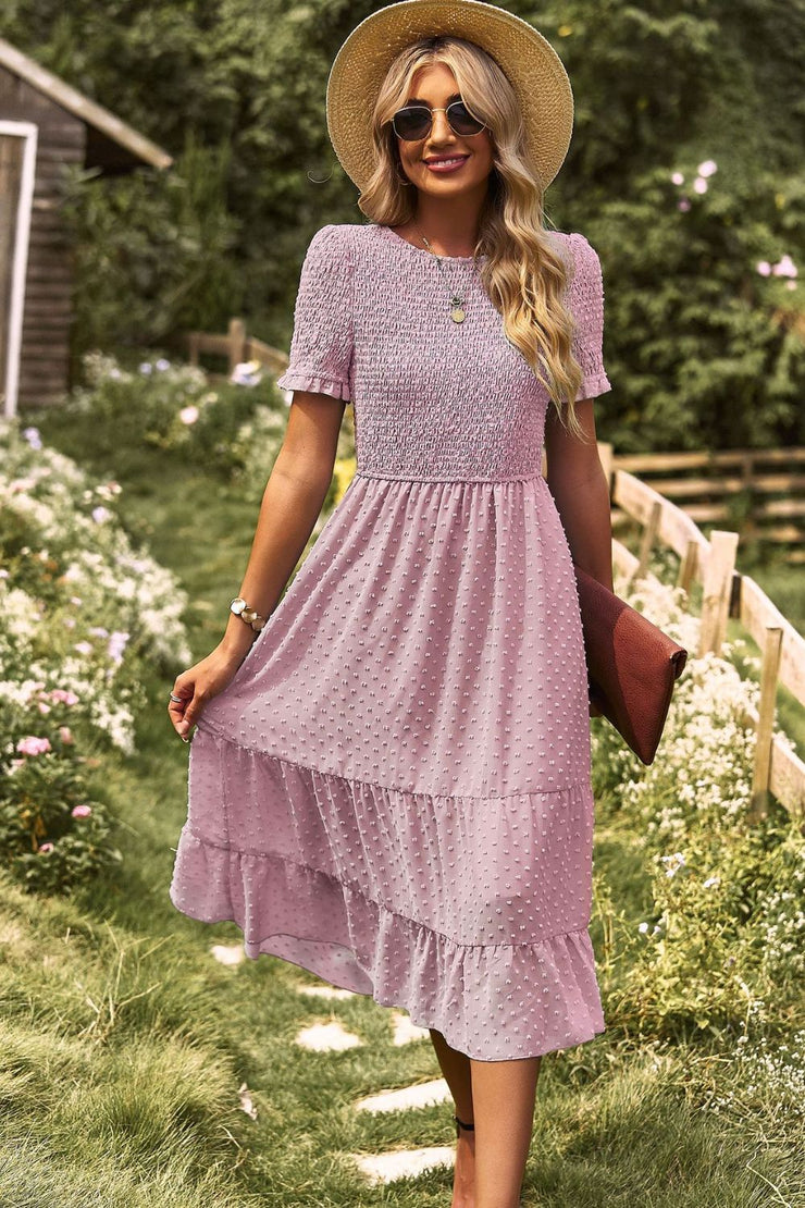 Swiss Dot Smocked Round Neck Short Sleeve Midi Dress – Always