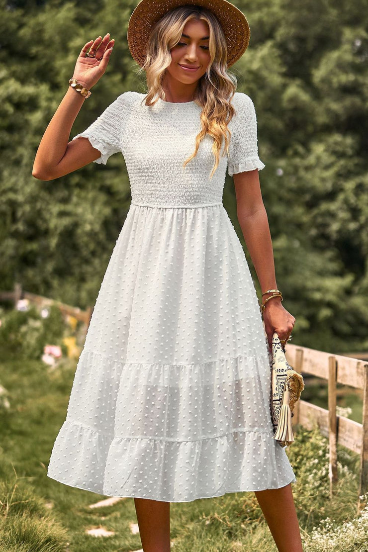 Swiss Dot Smocked Round Neck Short Sleeve Midi Dress Always Elegant Bridal Swiss Dot Smocked Round Neck Short Sleeve Midi Dress Always Elegant Bridal