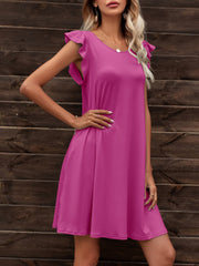 Round Neck Flutter Sleeve Dress with Pockets