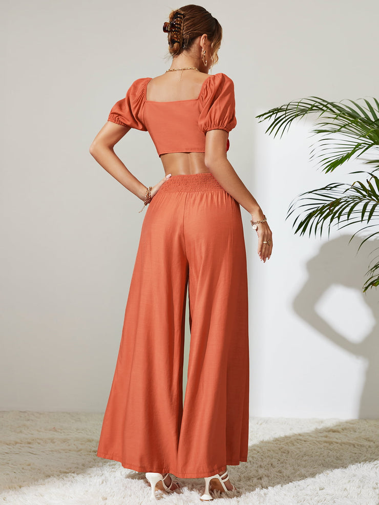 Tie Shoulder Smocked Crop Top and Wide Leg Pants Set