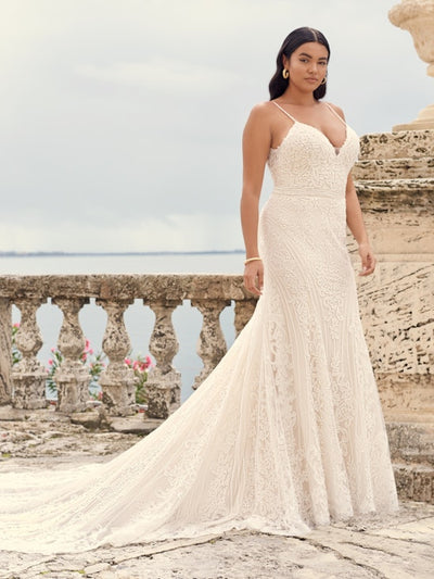Cambrie Long train sheath wedding gown in exquisite beaded embroidery By Sottero and Midgley