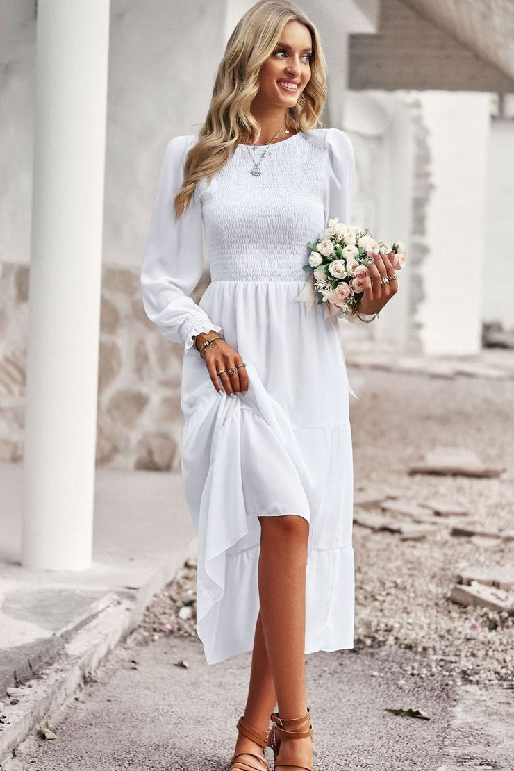 Smocked Round Neck Flounce Sleeve Midi Dress Always Elegant Bridal Smocked Round Neck Flounce Sleeve Midi Dress Always Elegant Bridal