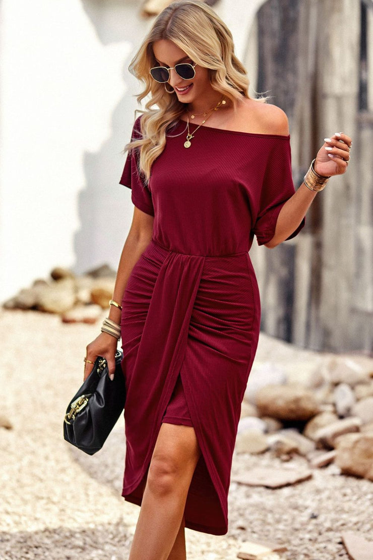 Ribbed Off-Shoulder Tulip Hem Dress Always Elegant Bridal Ribbed Off-Shoulder Tulip Hem Dress Always Elegant Bridal