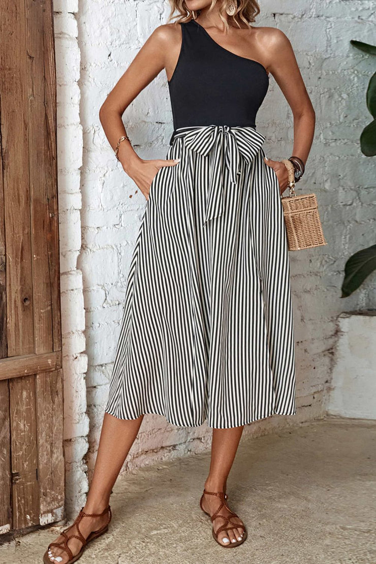 Striped One-Shoulder Slit Dress Black / S