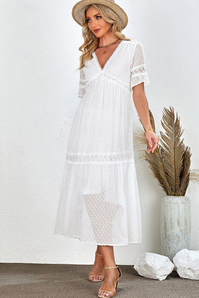 Swiss Dot V-Neck Short Sleeve Midi Dress Peach / 2XL Swiss Dot V-Neck Short Sleeve Midi Dress Peach / 2XL