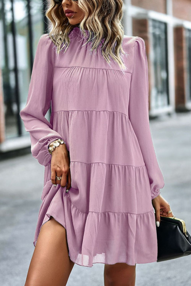 Tied Ruffle Collar Puff Sleeve Mini Dress