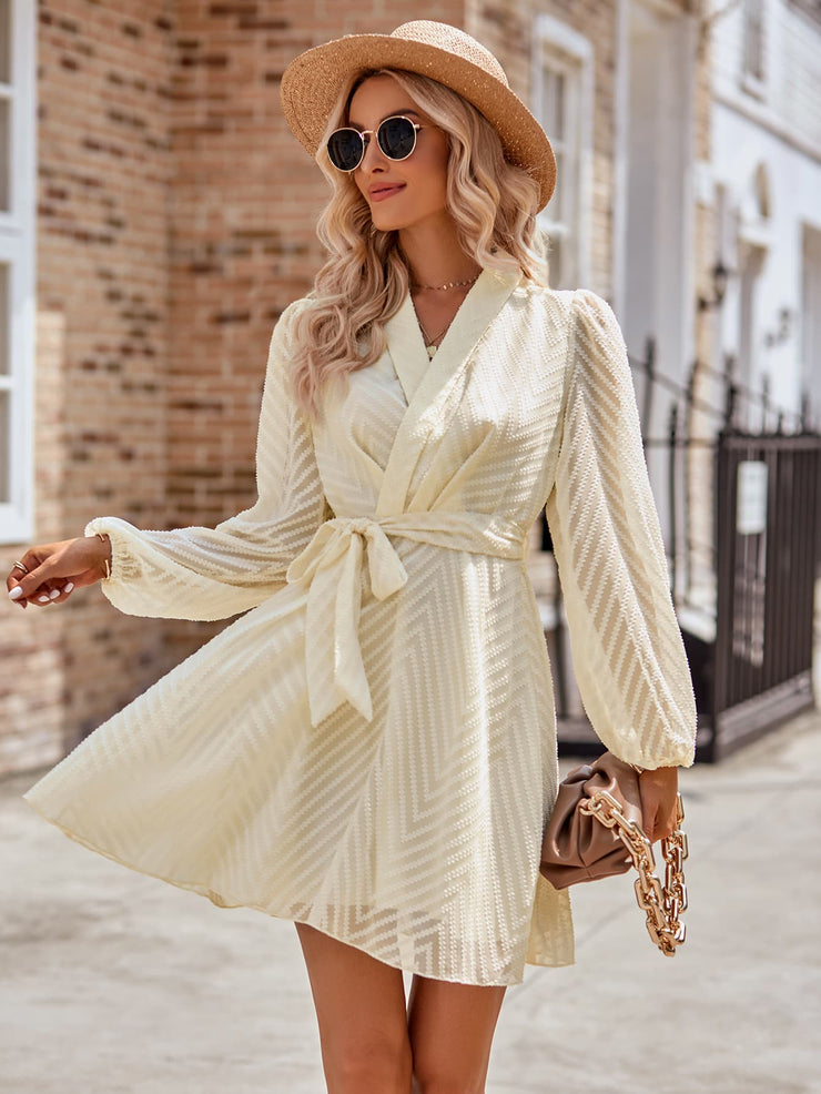 Belted Surplice Neck Long Sleeve Mini Dress Always Elegant Bridal Belted Surplice Neck Long Sleeve Mini Dress Always Elegant Bridal