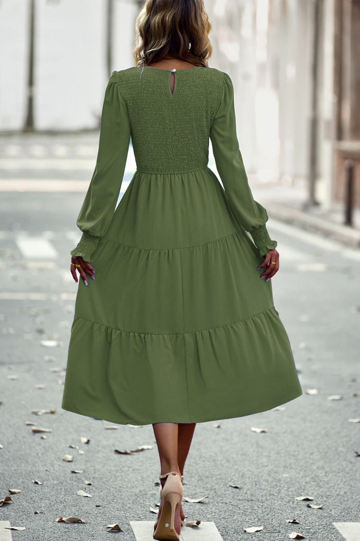 Smocked Long Puff Sleeve Tiered Midi Dress Always Elegant Bridal Smocked Long Puff Sleeve Tiered Midi Dress Always Elegant Bridal