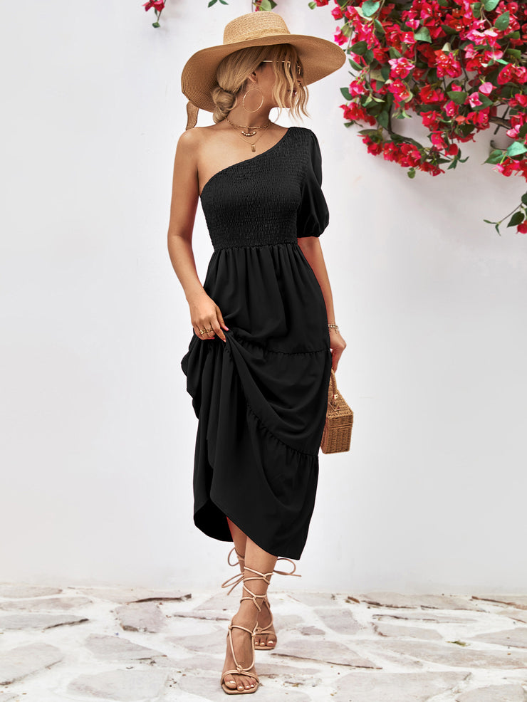 smocked one shoulder dress Women's Maxi One-Shoulder Smocked Linen Dress, Ocean